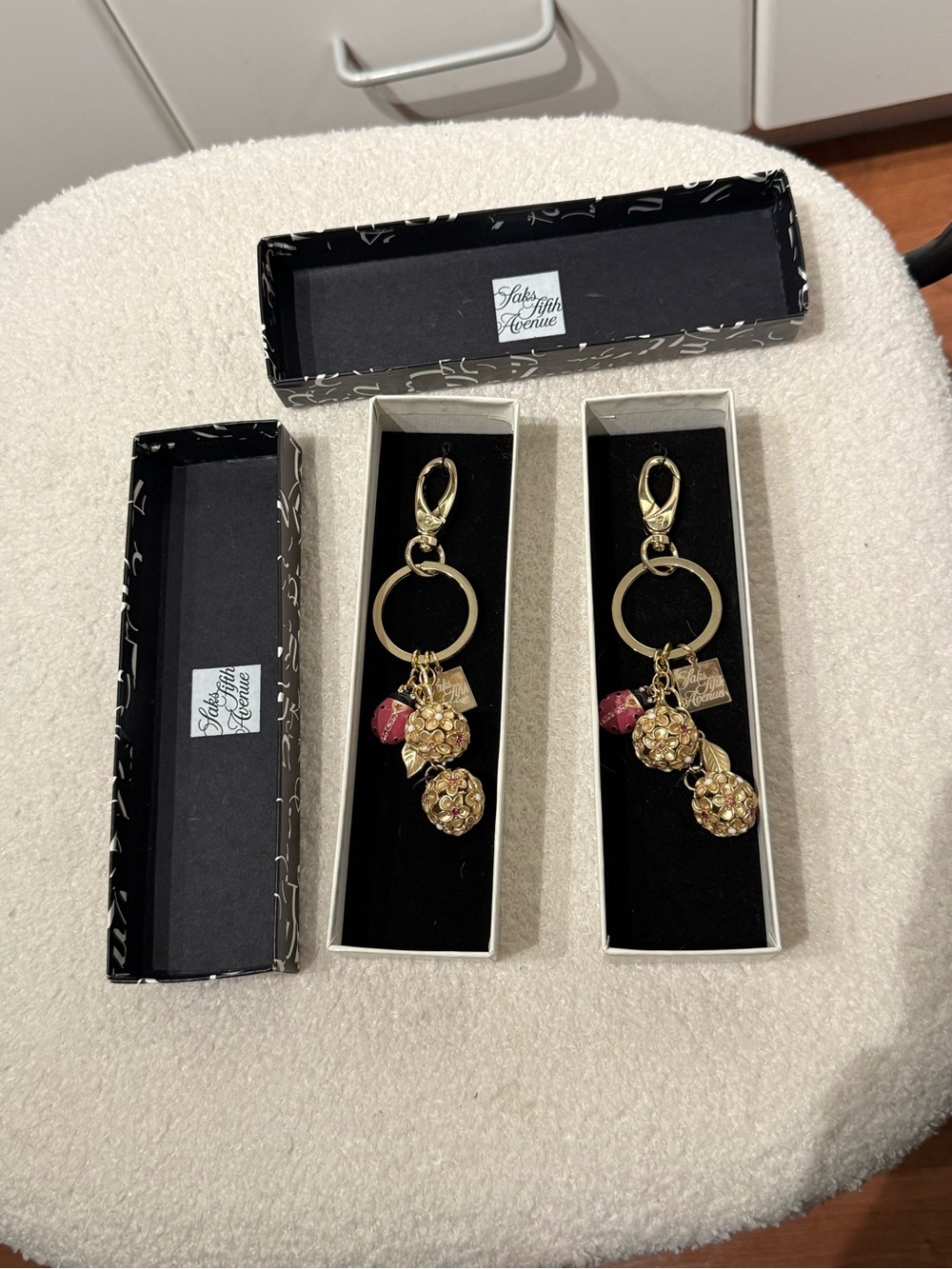 Saks Fifth Avenue Gold-Tone Keychain with Pink Accent Charms (Pair)